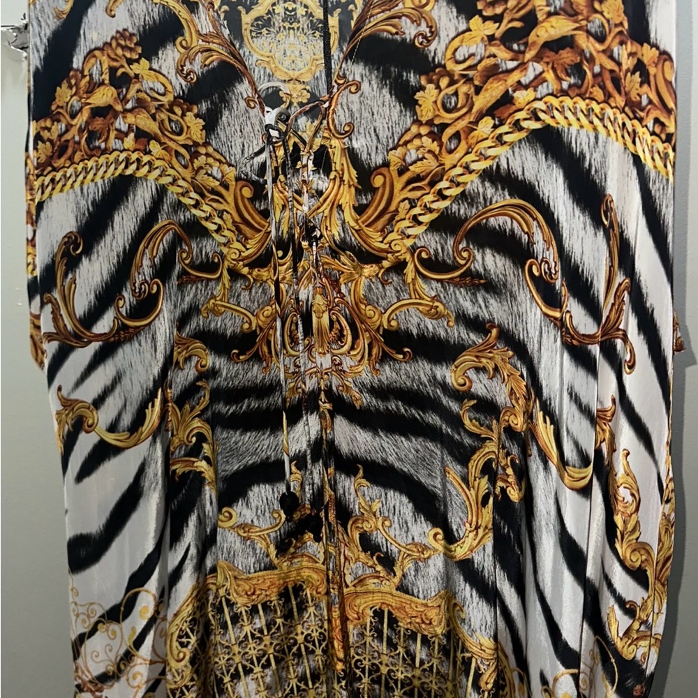 Shahida Parides Zebra Barocco Short Kaftan Dress O/S 100% Viscose Silk NWT!